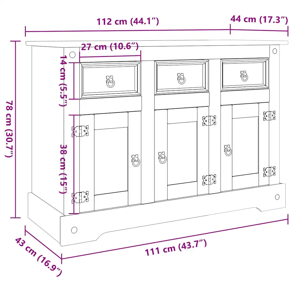 Credenza Corona Grigia 112x43x78 cm in Legno di Pino Messicano 355084