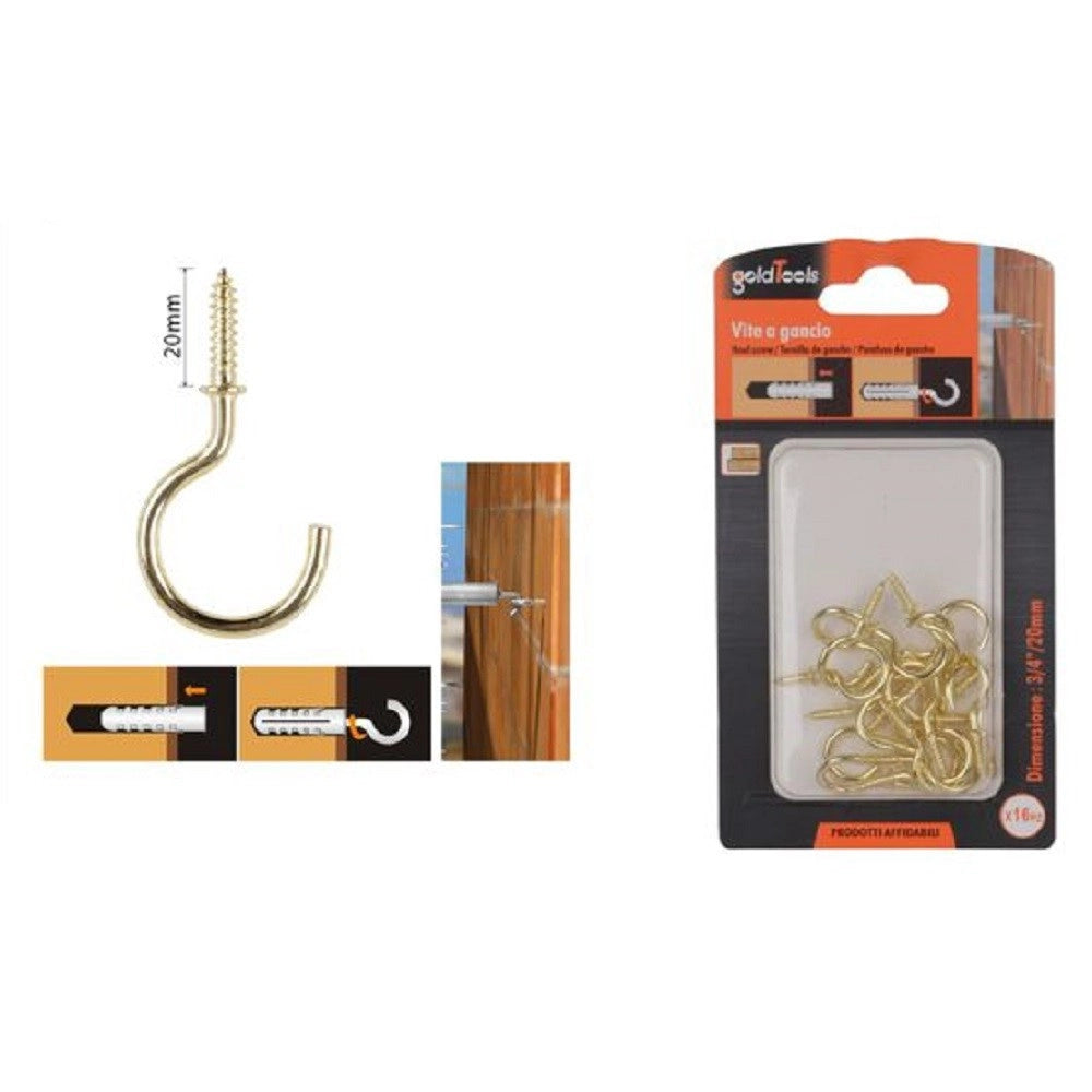 Trade Shop - Set 16 Pezzi Vite A Gancio 3/4" 20 Mm Viti Autofilettanti Dorate Per Legno 90808 -