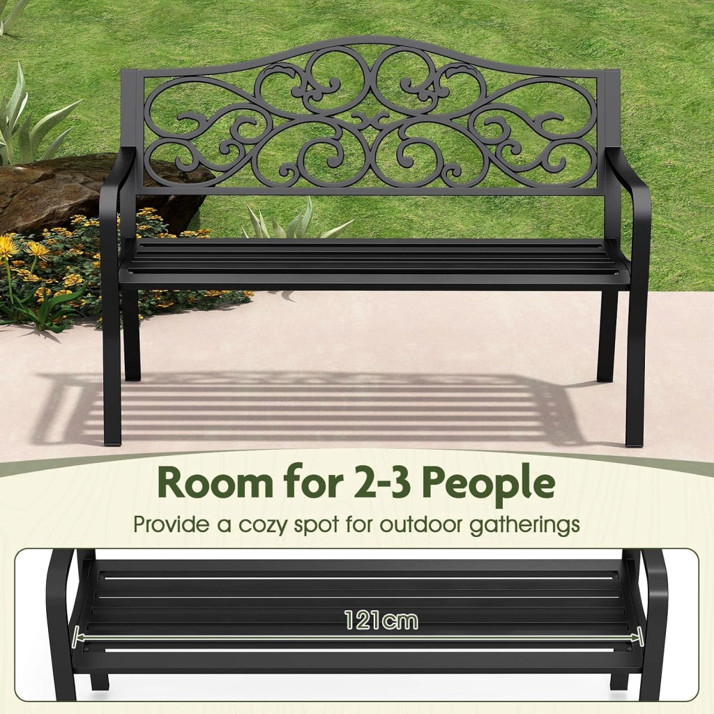Panca da giardino a 2 posti, panca da parco in metallo, sedia da parco con schienale reclinabile, carico di 300 kg, per balcone, terrazza, nero, 128 x 62 x 89 cm, motivo: ali di vite