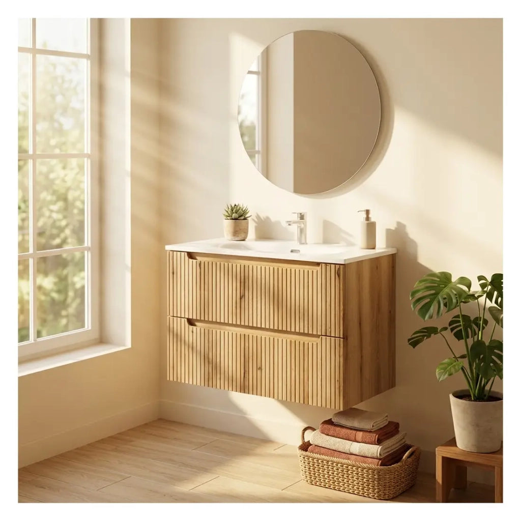 Set da bagno VANO in rovere chiaro 80cm: mobile sotto lavabo con cassetti e frontale scanalato + lavabo incassato