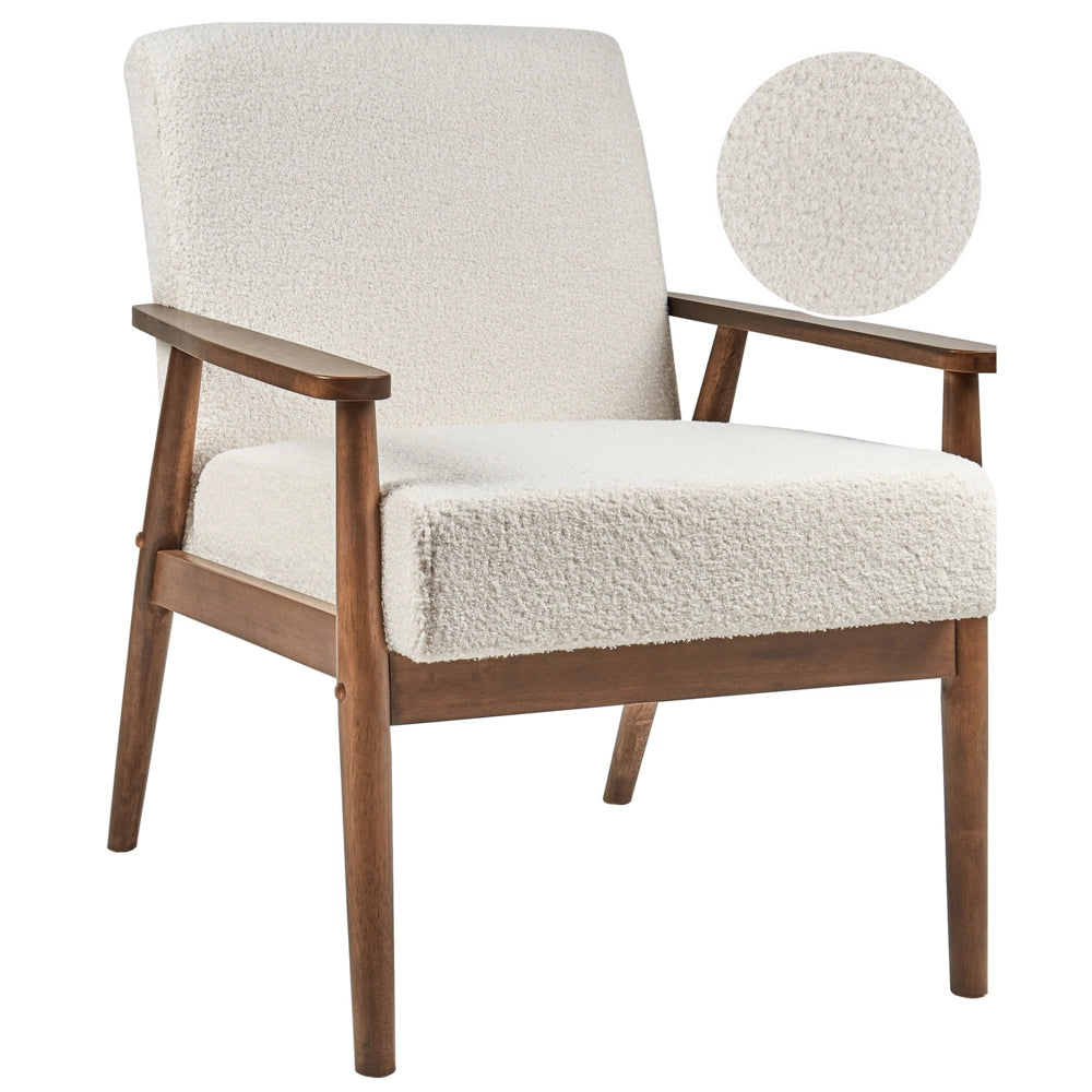 Poltrona Poliestere Boucle Bianco Sporco Rivestimento Retro Design Struttura in legno scuro Braccioli Soggiorno