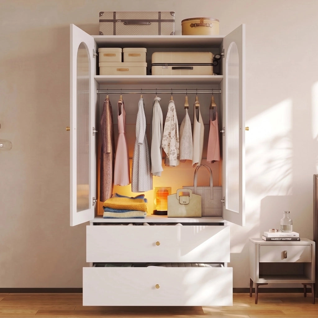 Armadio 90x50x200 cm con 2 cassetti e ante in vetro MDF bianco