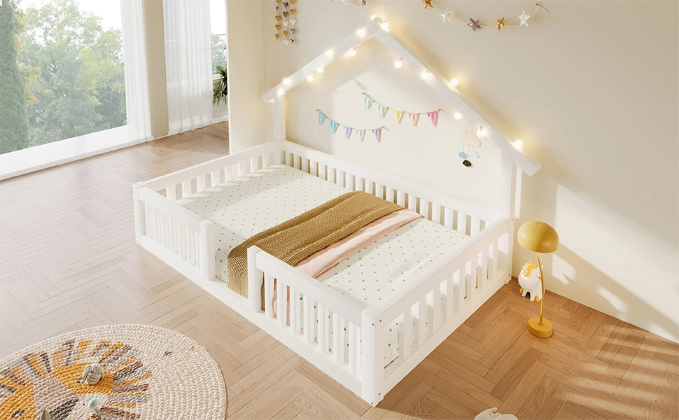 Letto per bambini 90 × 200 cm con barriera di sicurezza et luci LED, senza materasso, in legno, bianco