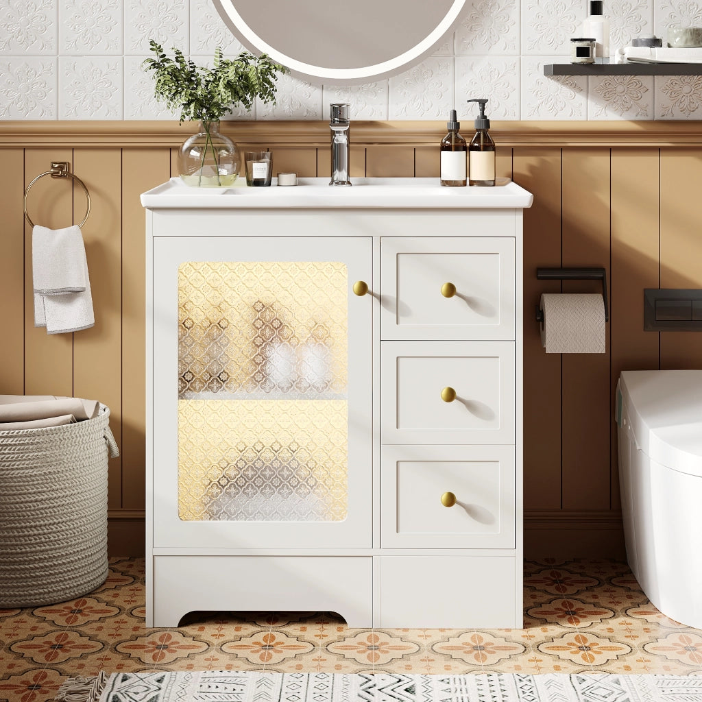 Mobile Bagno con Lavabo in Ceramica, LED, Vetro e Maniglie Dorate ¨C MINIMAL ¨C Bianco