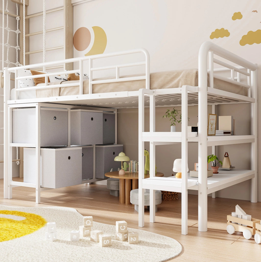 Letto a soppalco 90x200 cm con contenitore e gradini larghi