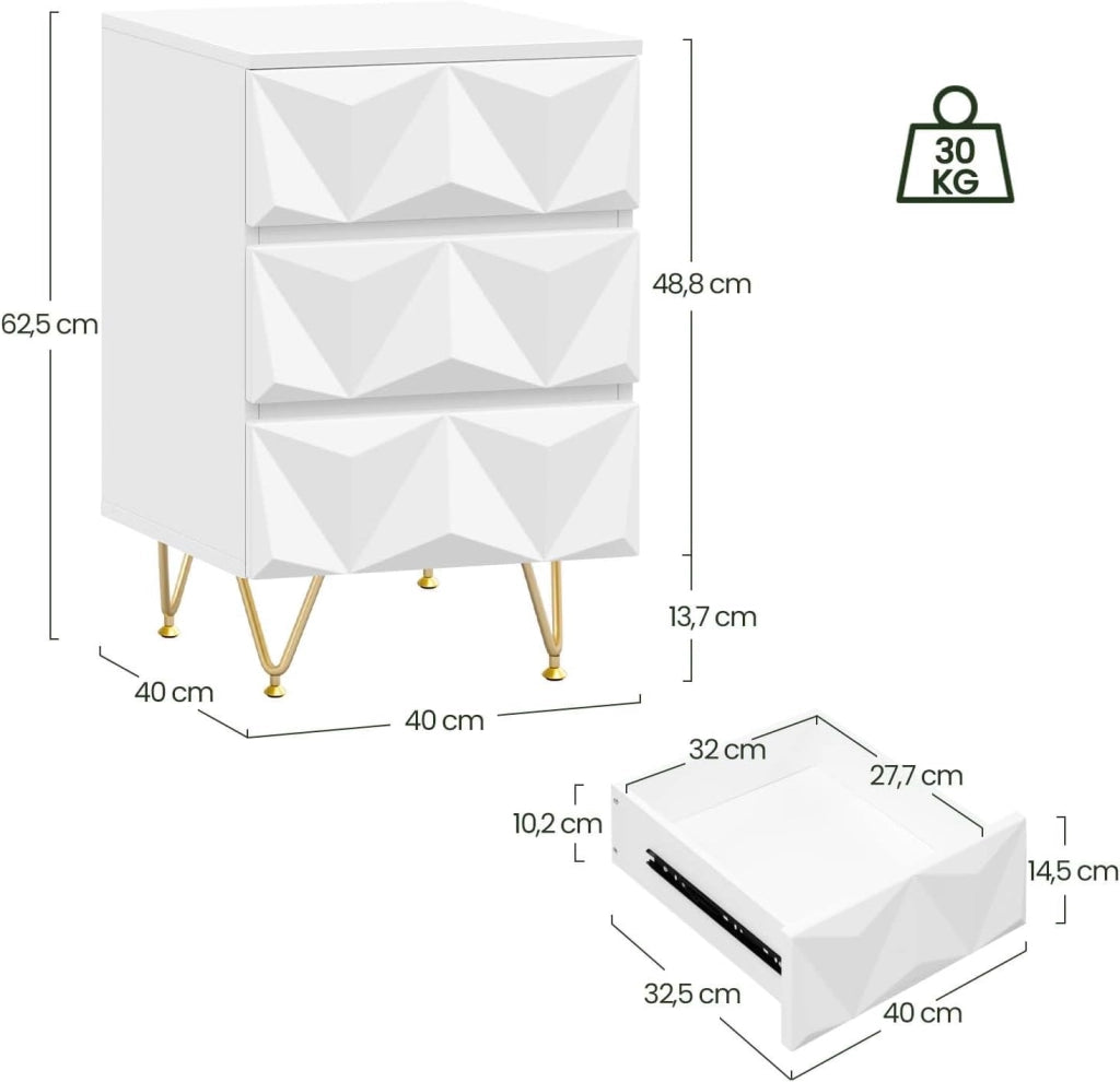 Set di 2 Comodino con 3 Cassetti, Frontale in Rilievo, Tavolino Cassettiera Moderno, 40x40x62,5 cm, Mobile da Letto per Camera da Letto, in Legno e Metallo, Bianco e Dorato, 0004CTG-2