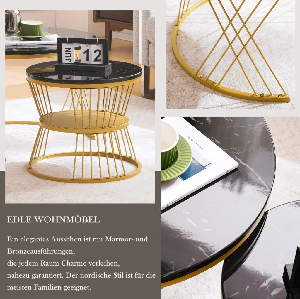Set di tavolini impilabili rotondi con effetto marmo, MDF e metallo