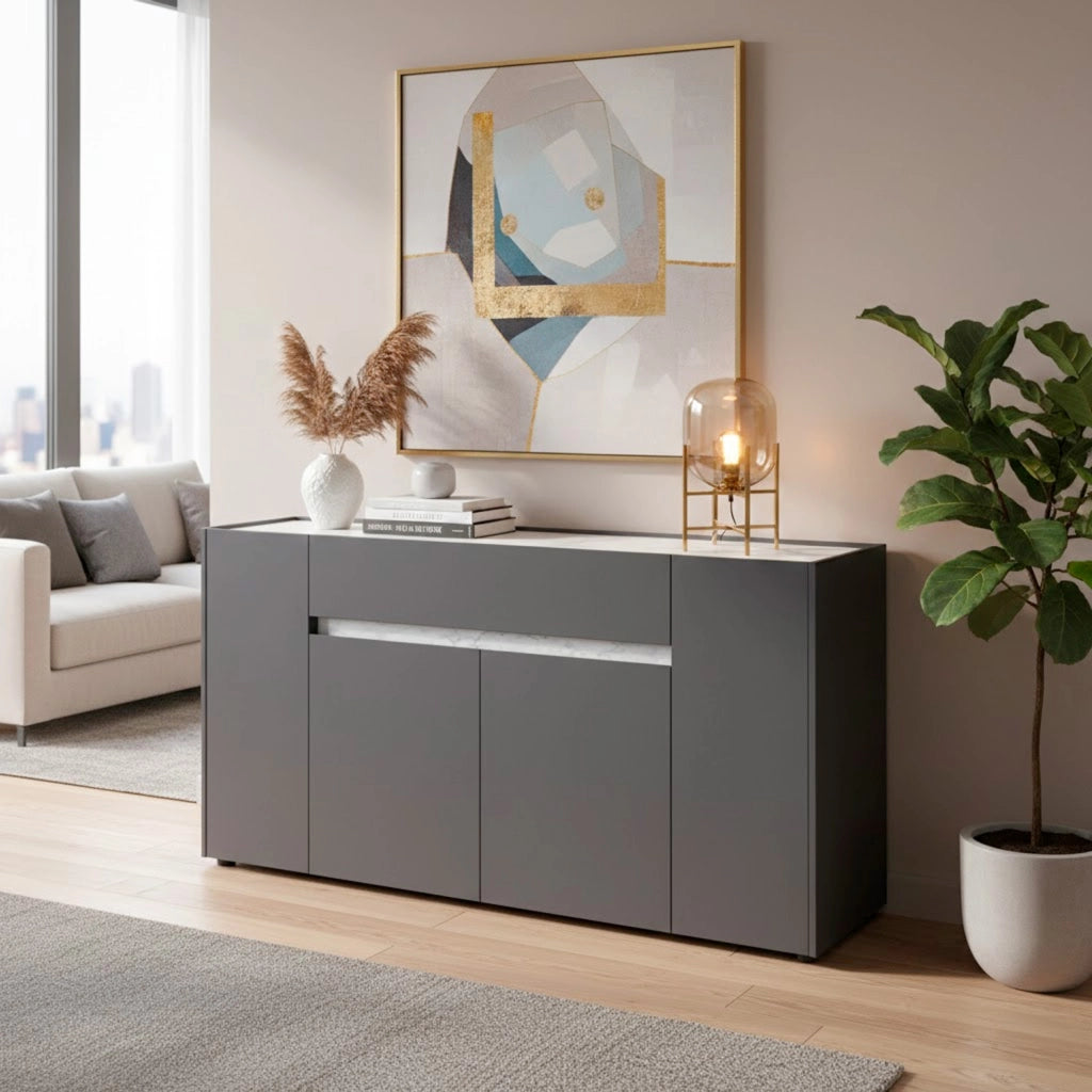 Credenza Moderna Con 4 Ante E 1 Cassetto Contenitore Senza Maniglie Per Sala Da Pranzo Zona Living E Soggiorno 170 X 85 X 40 Cm Grigio Scuro E Bianco Effetto Marmo