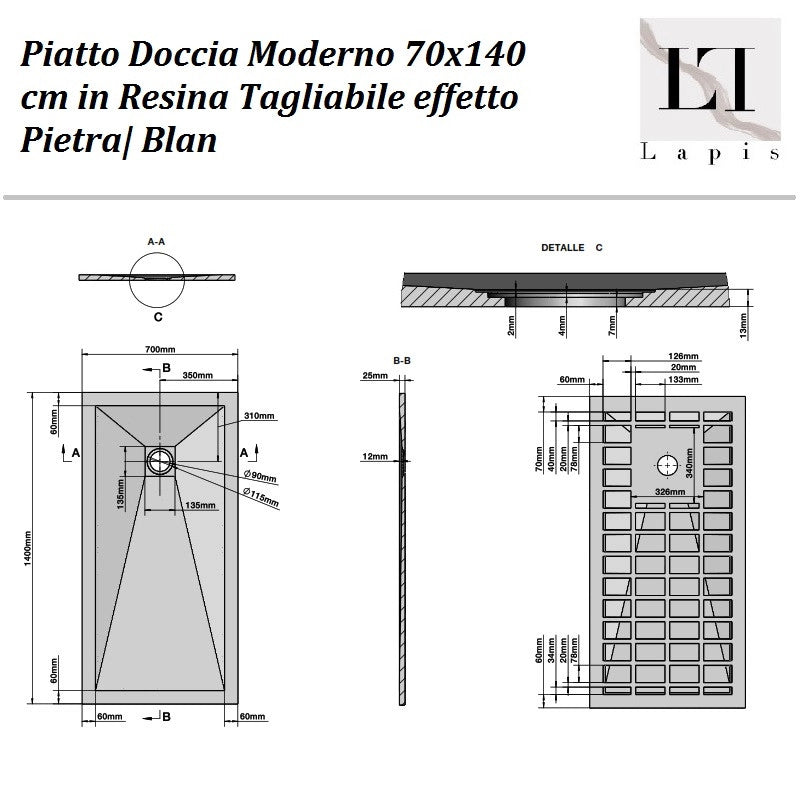 Piatto Doccia Moderno 70x140 cm in Resina Tagliabile Bianco effe