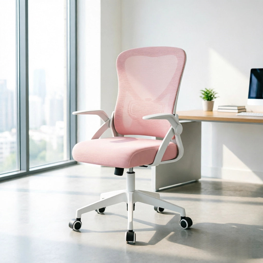Sedia da ufficio girevole ergonomica con schienale reclinabile e braccioli pieghevoli, seduta in rete e schiuma rosa