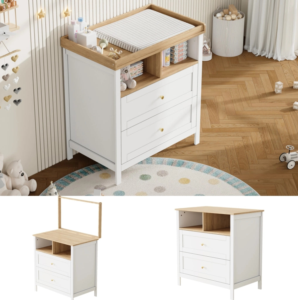 Fasciatoio trasformabile in MDF naturale e bianco con cassetti