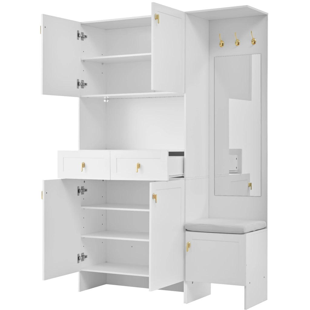 Mobile da ingresso con specchio, 2 cassetti, 3 ganci, 5 ante e LED, in truciolare, bianco, 120 × 33,5 × 180 cm