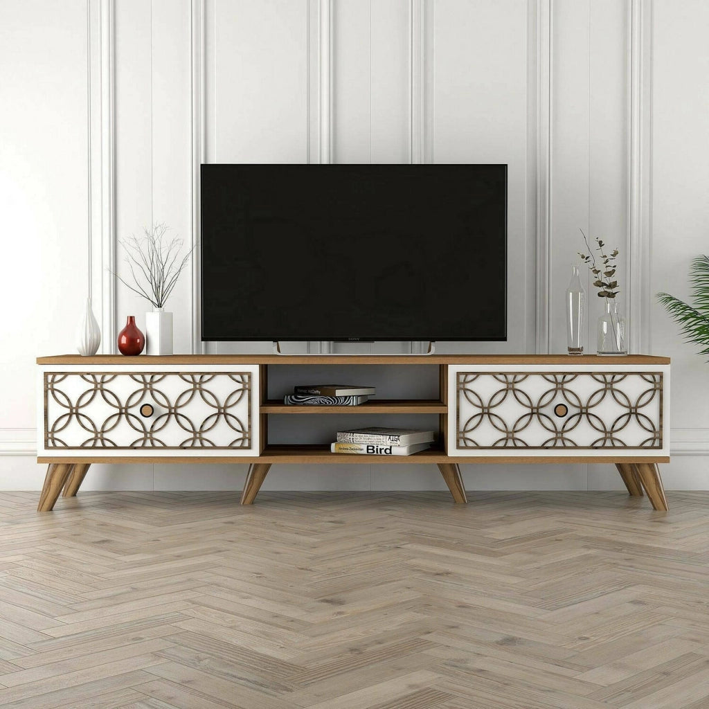 Mobile porta TV Teia, Credenza da soggiorno, Armadio basso per TV, Base parete attrezzata, 180x35h44 cm, Noce e Bianco