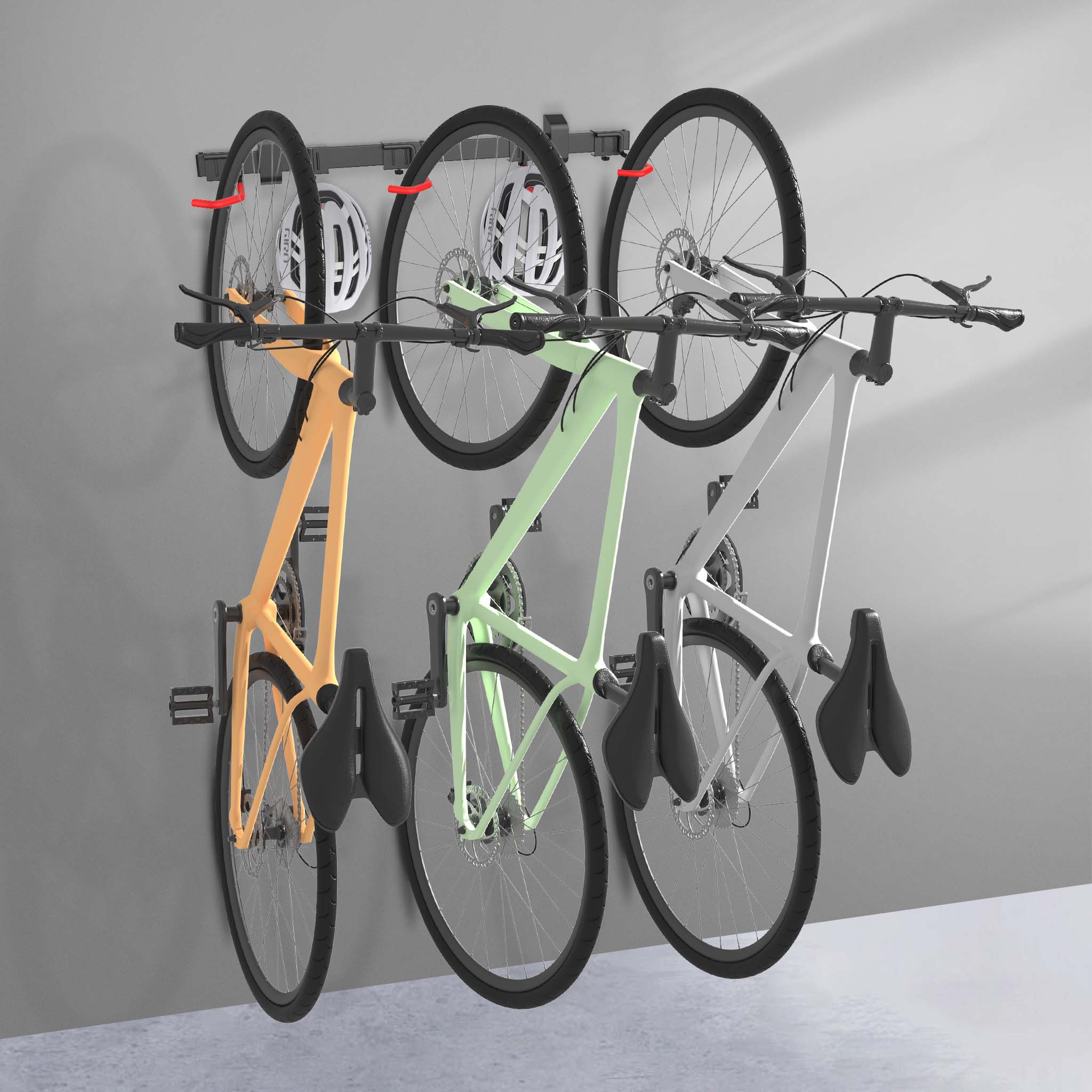 Portabici da muro per 3 biciclette e 2 caschi, 82,4 x 18 x 13,6 cm, max 95 kg, portabici da parete universale, facile installazione, supporto con 3 ganci appendi bici in acciaio