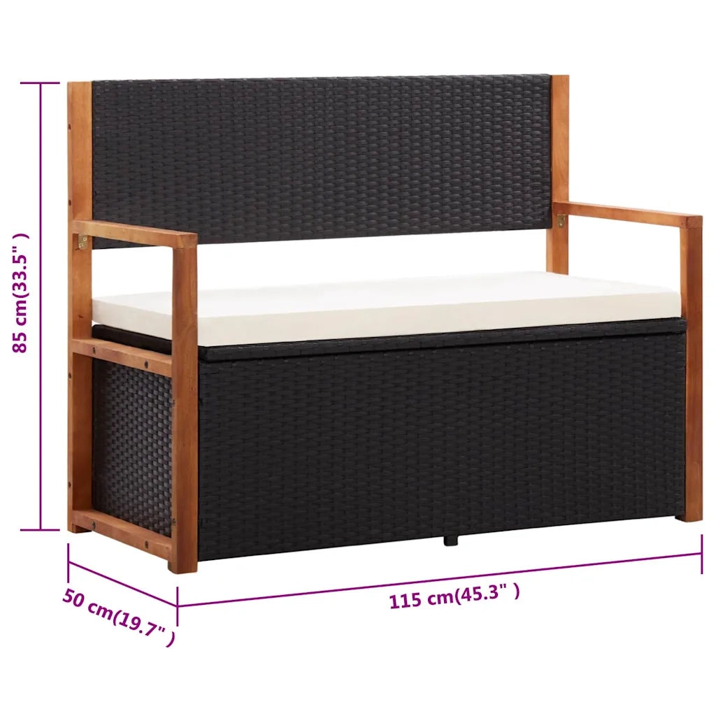 CassaPanca da Giardino | Panchina 115 cm in Polyrattan e Legno Massello di Acacia Nero