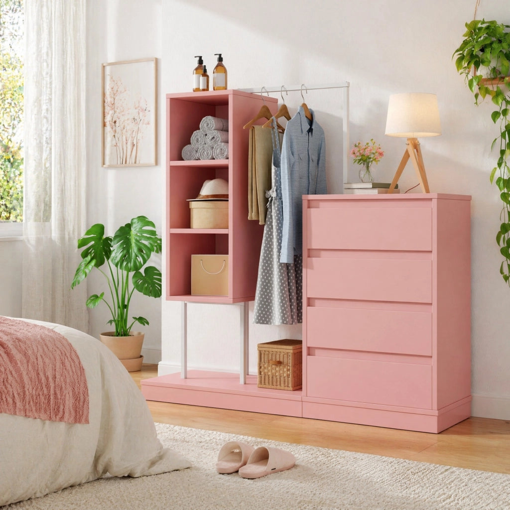 Armadio aperto 140x40x135 cm con 4 cassetti e appendiabiti rosa e bianco HOMVRA