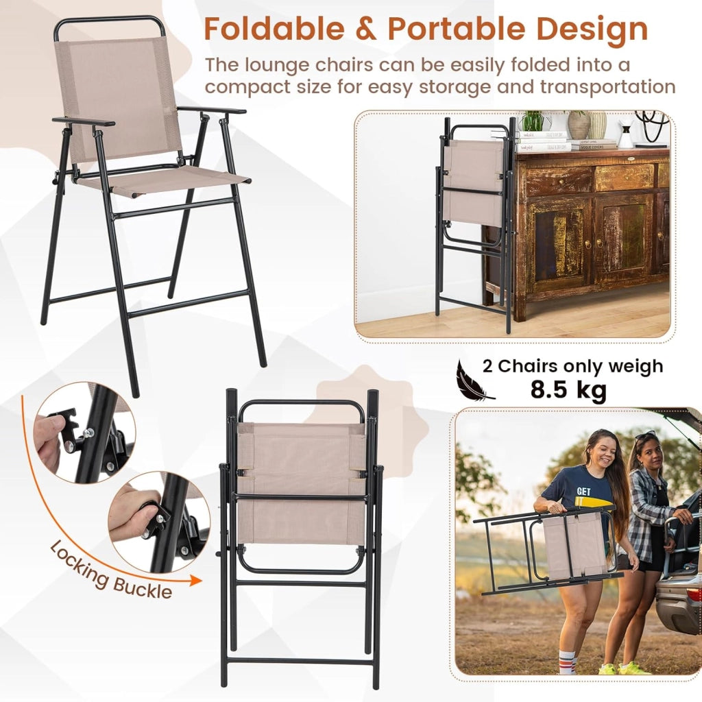 Set di 2 sedie pieghevoli per esterni, con schienale e braccioli, poggiapiedi e telaio in metallo, con tessuto traspirante, per balcone, terrazza, giardino, beige