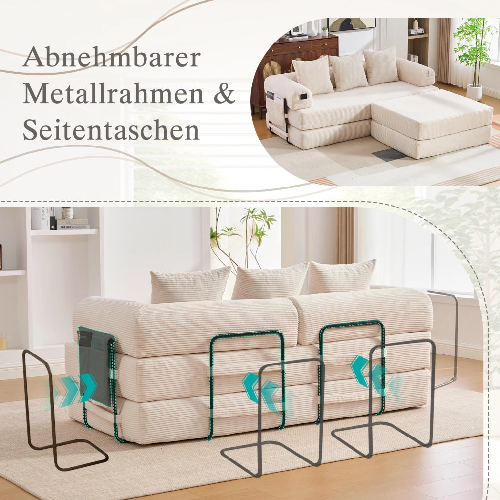 Divano letto modulare in velluto a coste beige con pouf e 3 cuscini struttura in metallo 200 × 190 × 67 cm