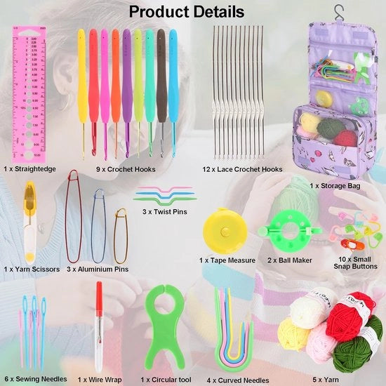Set di aghi da cucire, 59 pezzi kit per principianti adulti per cucire Breien Kit Aghi da cucire ergonomiche in metallo 0.6mm-6.0mm Kit di partenza per cucire Accessori con tasca di conservazione e 5 pezzi di lana filato