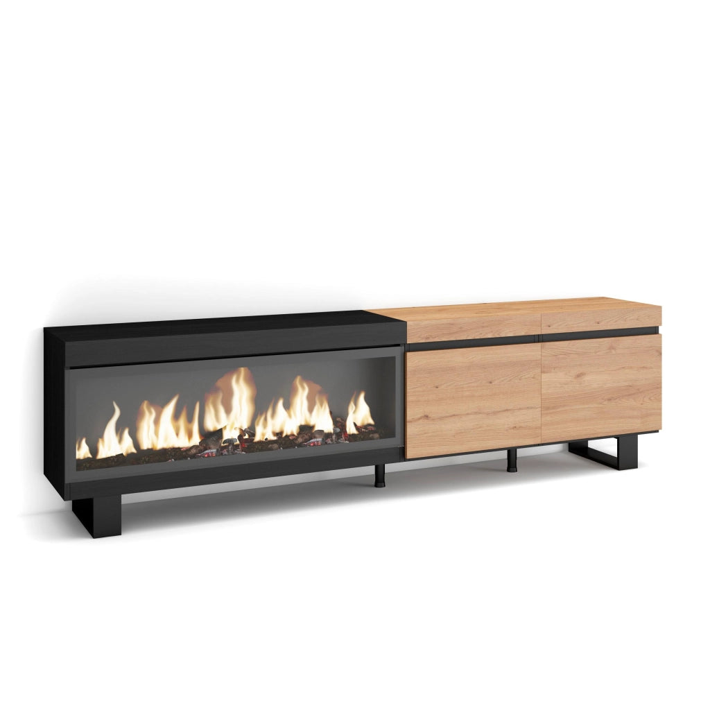 Mobile TV Soggiorno, 208x35x57cm, Per TV fino a 80", Camino elettrico XXL, Design industriale, colore Rovere e nero RF3267