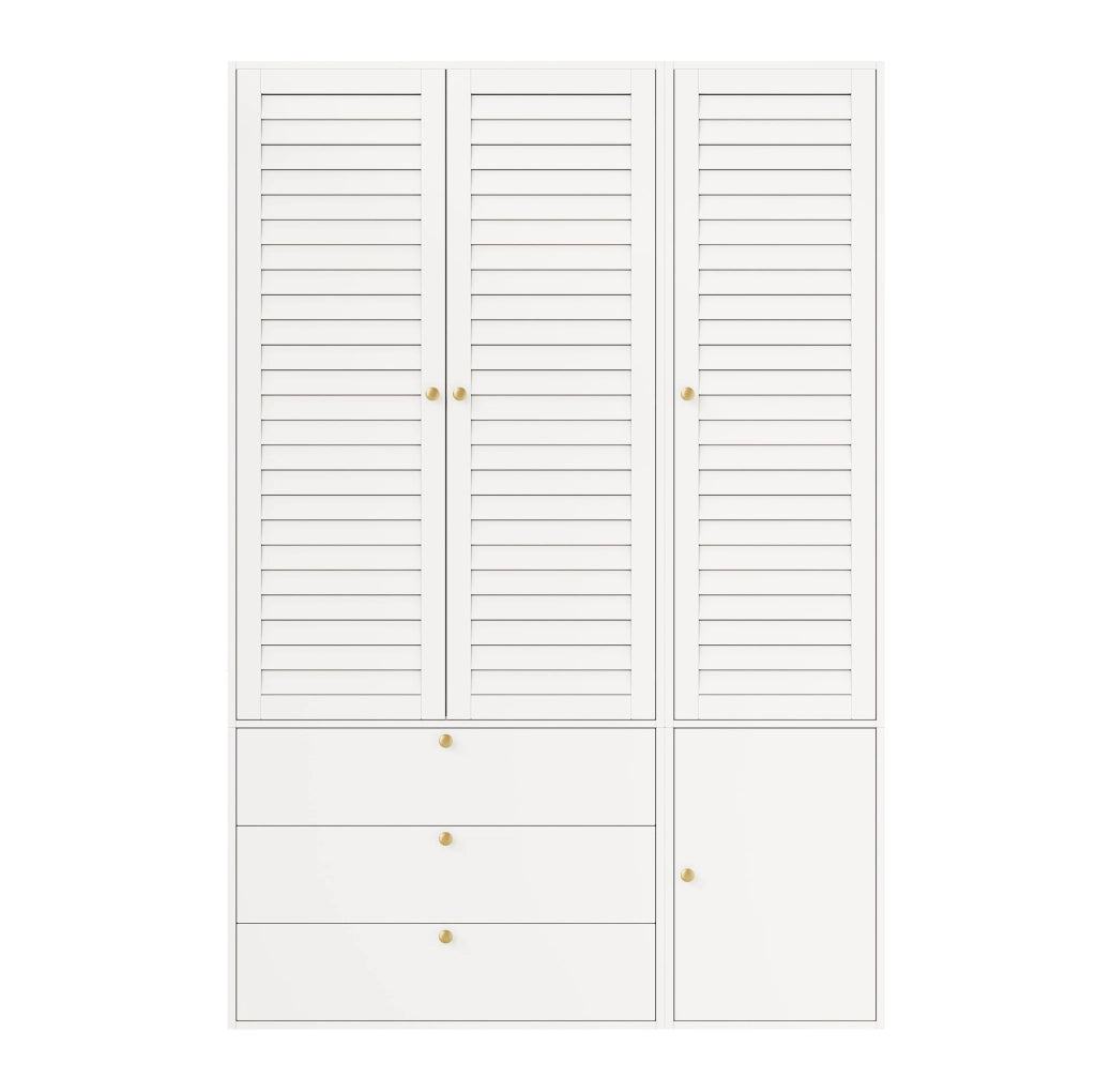 Armadio bianco moderno con 3 ante a lamelle, 135x50x200 cm, 3 cassetti, 2 tubi appendiabiti e 1 porta pantaloni