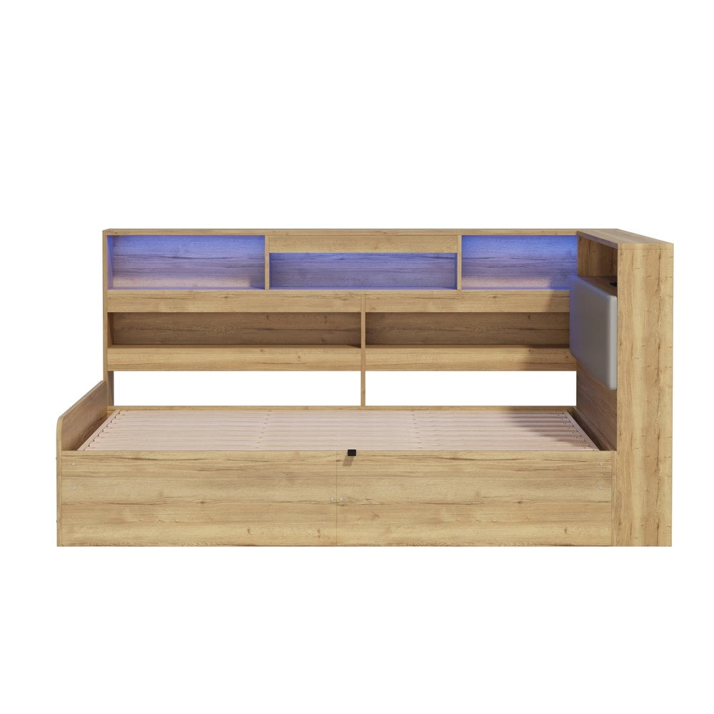 Letto Contenitore con LED e USB ¨C Xylo ¨C Legno Naturale 90x200