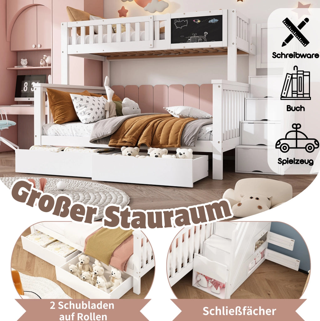 Letto a castello per bambini con lavagna e cassetti; 90x200 + 140x200; bianco