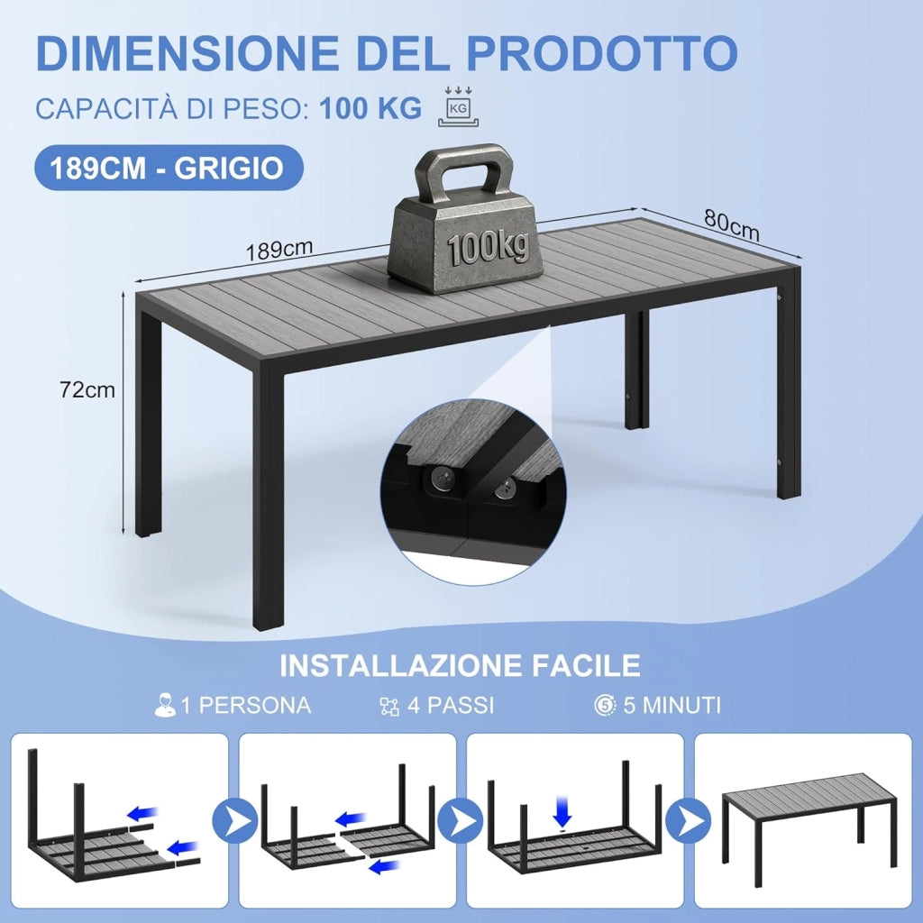 Tavolo da Giardino HDPS Resistente alle Intemperie, 189 x 80 x 74 cm Tavolino da Esterno Finitura a Vena di Legno e Facile da Manutenzionare, Tavolo da Pranzo Esterno per 6 a 8 Persone (Grigio)