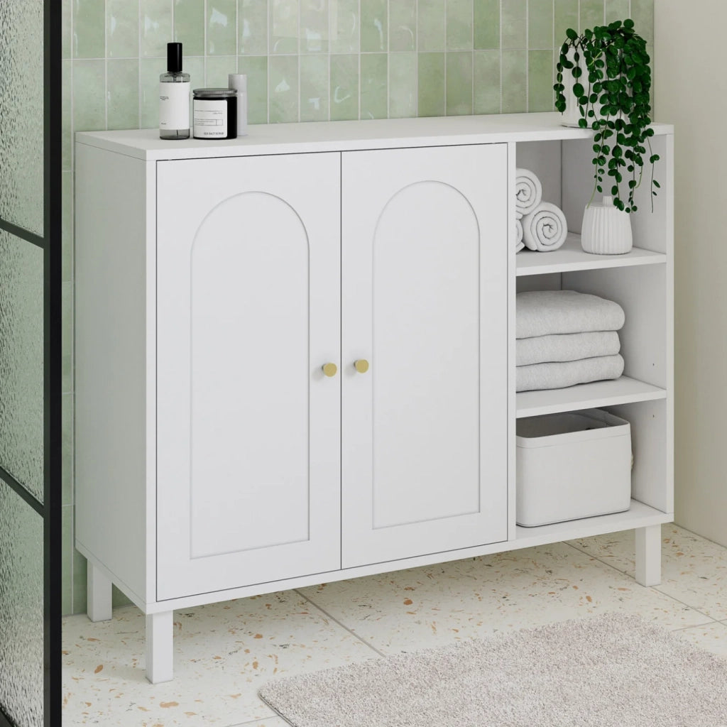 IDMarket - Mobili da bagno, mobili contenitori per soggiorno e ingresso ARSENE a 3 ripiani con armadio in legno bianco