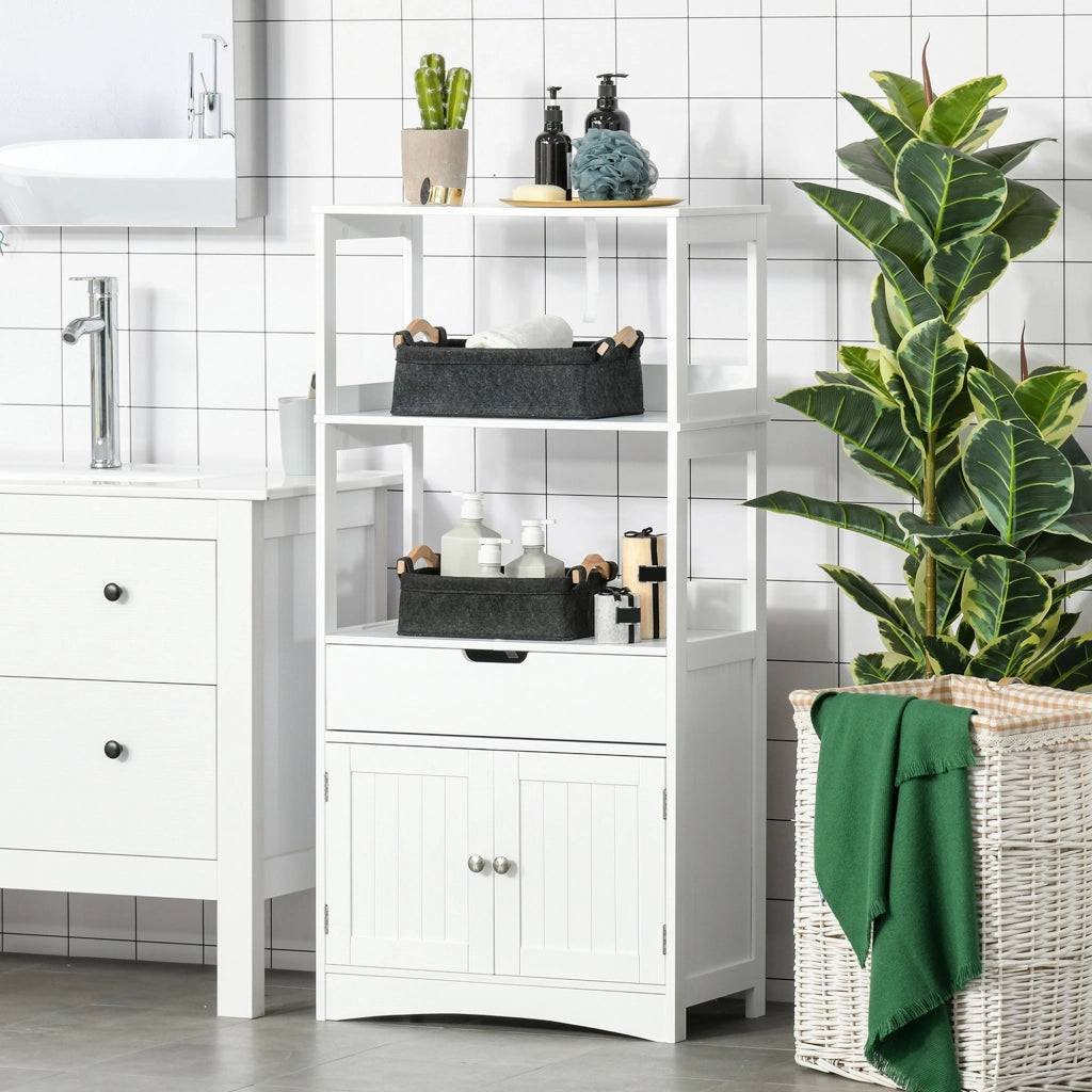 Mobile Bagno con Mensole, Armadietto e Cassetto, Mobiletto da Bagno Multiuso in Legno, Bianco, 60x33x122.5cm