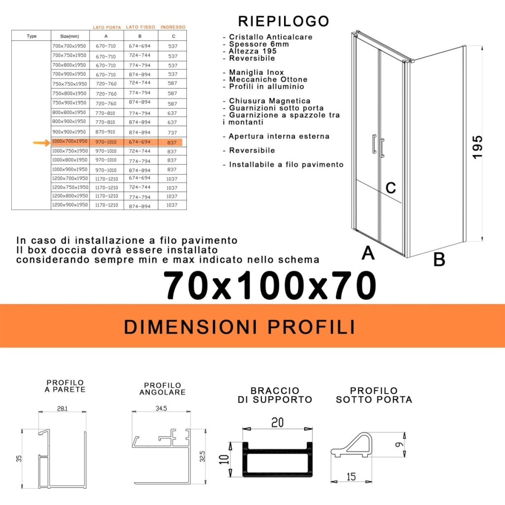 Box doccia saloon tre lati senza profili trasparente 6mm h195 dobla, misura 70x100x70