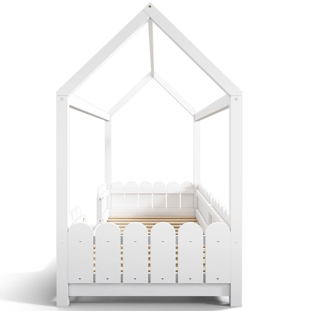 Letto Casa per Bambini 90x200 ¨C MINIMAL ¨C Legno Bianco con Rete a Doghe e Sponda