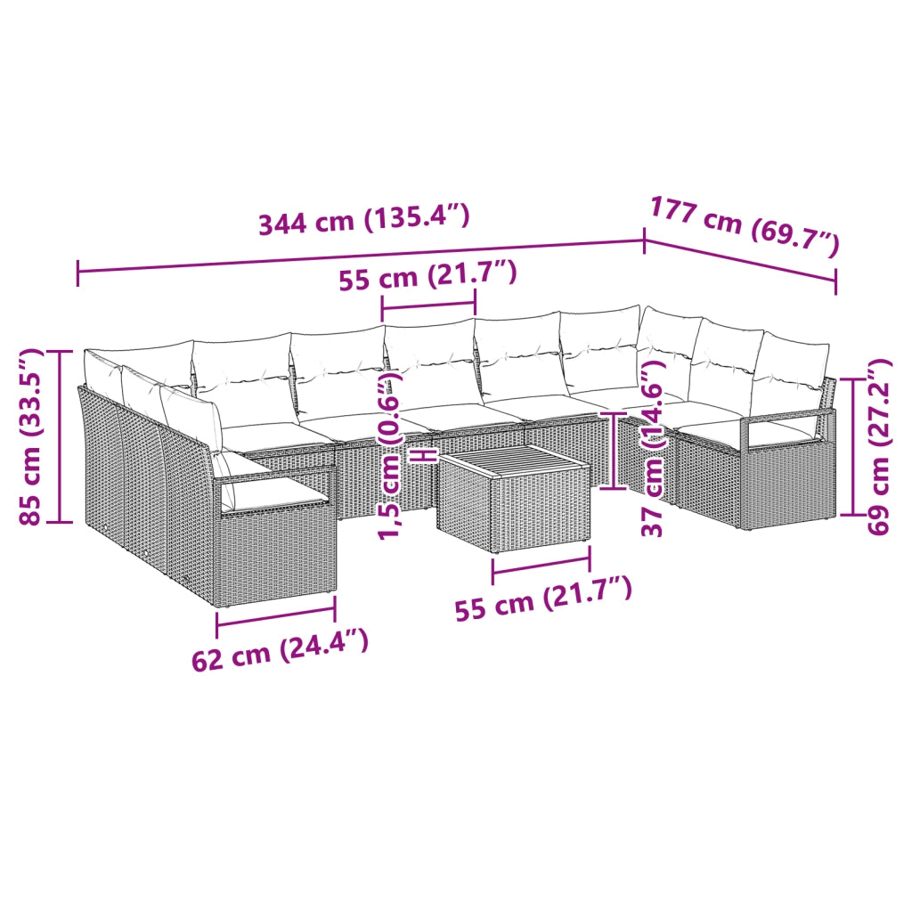Set Divano da Giardino 11 Pezzi con Cuscini Polyrattan Nero Acacia
