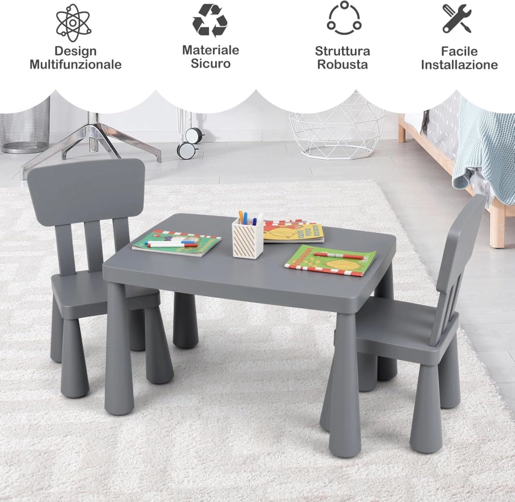 Set Tavolo e Sedie per Bambini 1-7 Anni, 2 Sedie Ergonomiche con Schienale, Materiale PP Atossico e Inodore, Angoli Arrotondati, Adatto per Giocare, Disegnare e Leggere, Portata 50kg (Grigio)