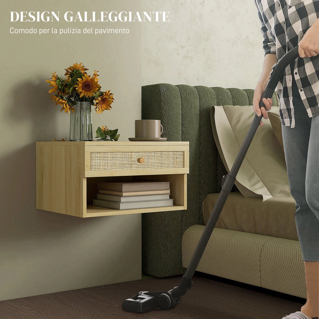 Set 2 Comodini con Cassetto e Ripiani Aperti in stile Nordico 40x34x23 cm in Truciolato e Rattan