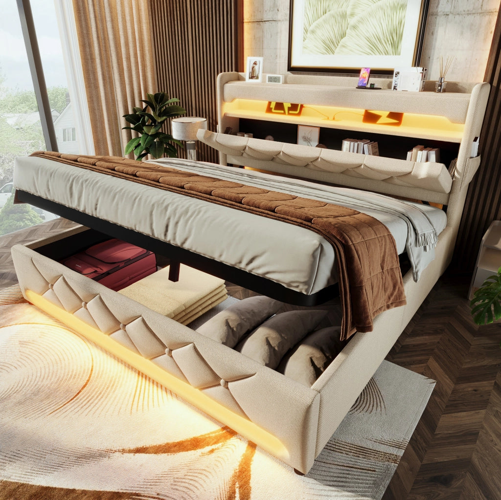 Letto matrimoniale imbottito 140x190 cm beige con LED, ricarica USB-C e vano contenitore
