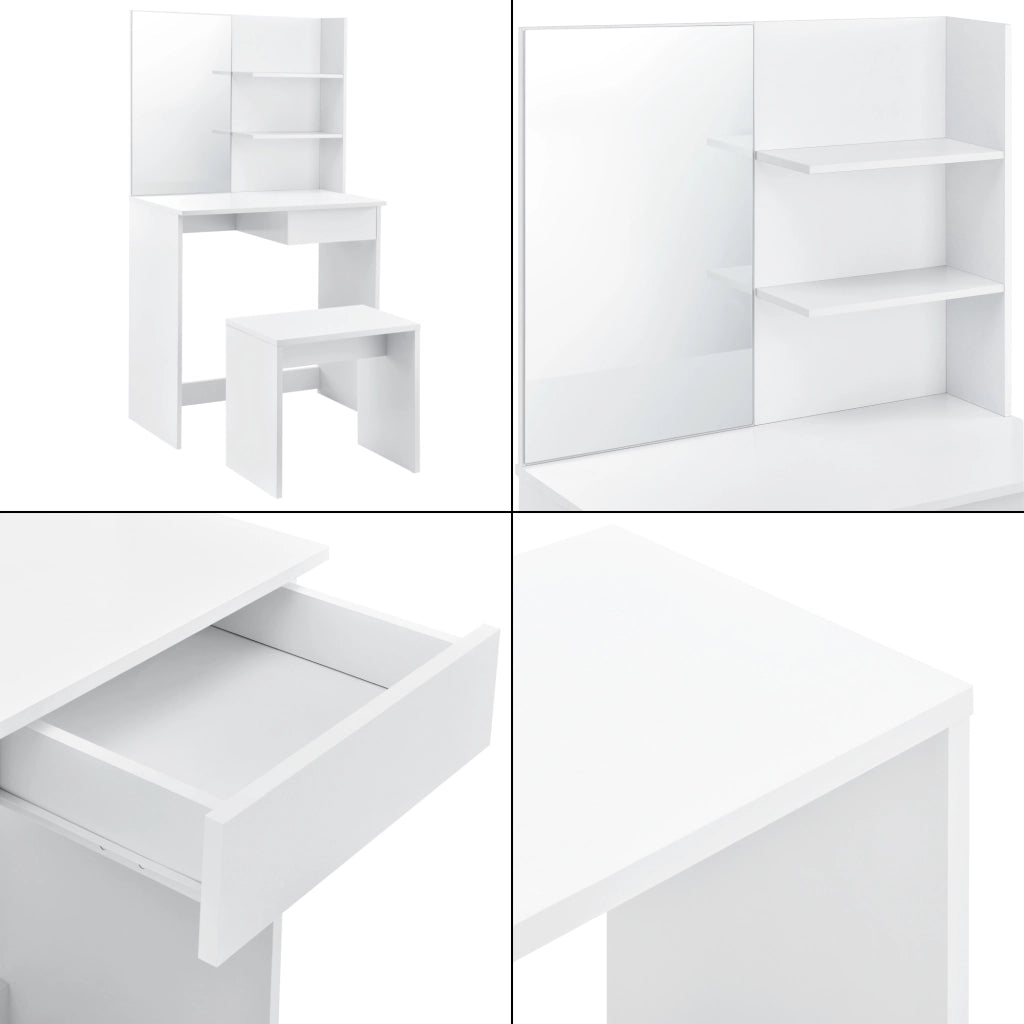 Set di Tavolo da Trucco e Sgabello con Specchio Mensole e Cassetto - Bianco [en.casa]