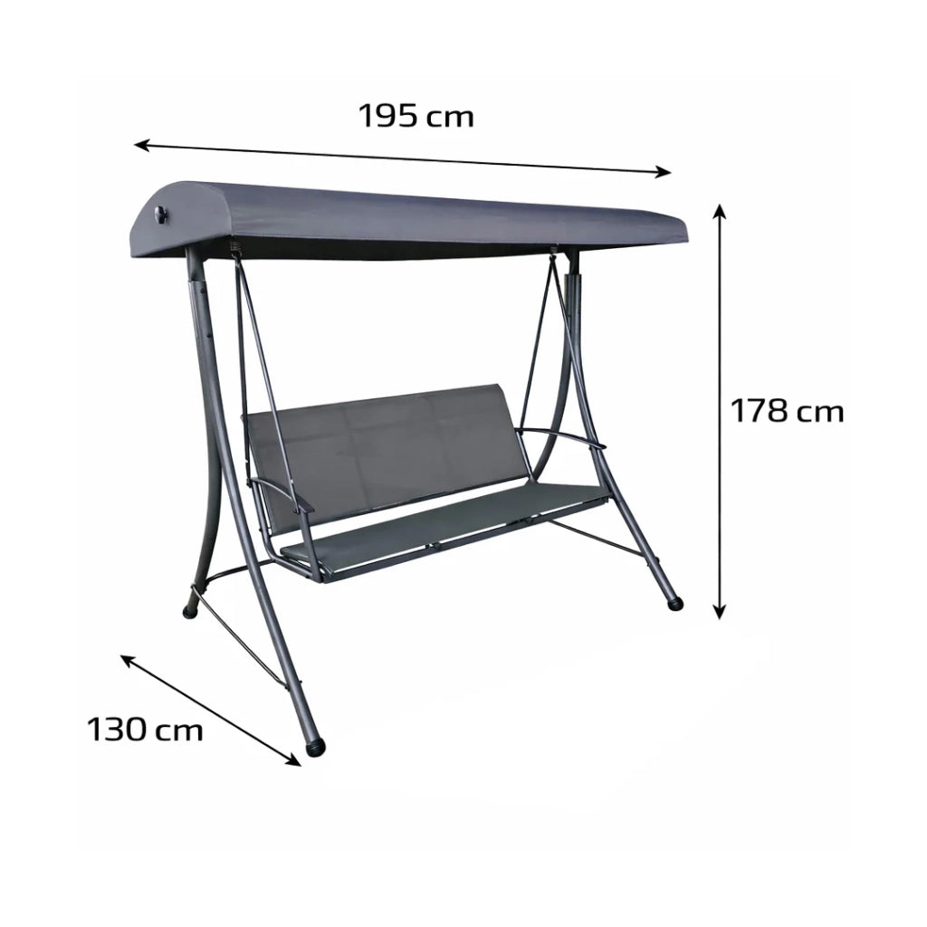 Dondolo da giardino Sira, 3 posti (195x130x178 cm), struttura in acciaio rinforzato, seduta in textilene