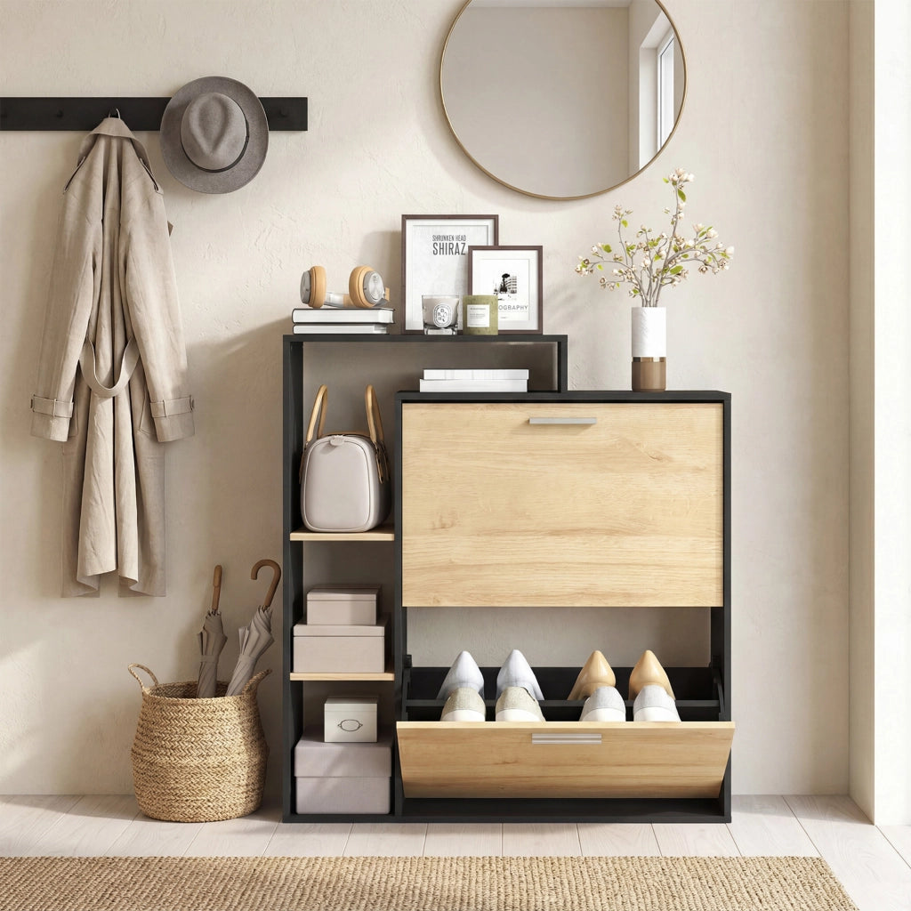 Mobile Portascarpe 80x26x 90 cm con 2 Cassetti a Ribalta e ripiani Nero e Legno Naturale