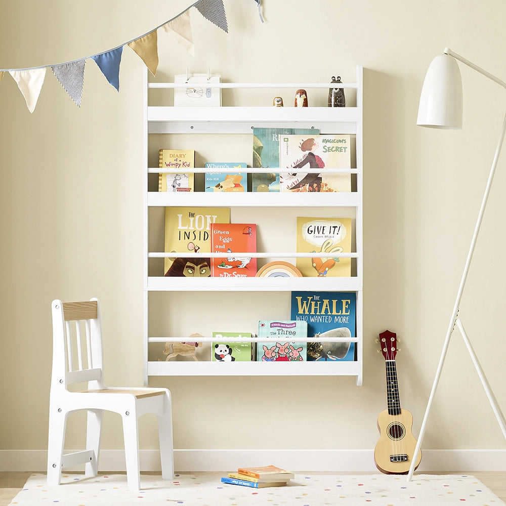 SoBuy | Libreria montessoriana per bambini bianca con 4 ripiani | Libreria per bambini | Porta libri per bambini | 80.0x12.0x118.0 cm | Capacità di carico 24 kg | KMB08-II-W