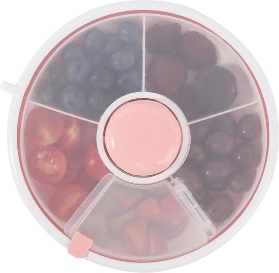 Snack Spinner Roterente con Scatola di Stoccaggio con Scomparti - Organizzatore di Snack Portatile per Bambini - Snack Noci Caramello Frutta - Rosa.
