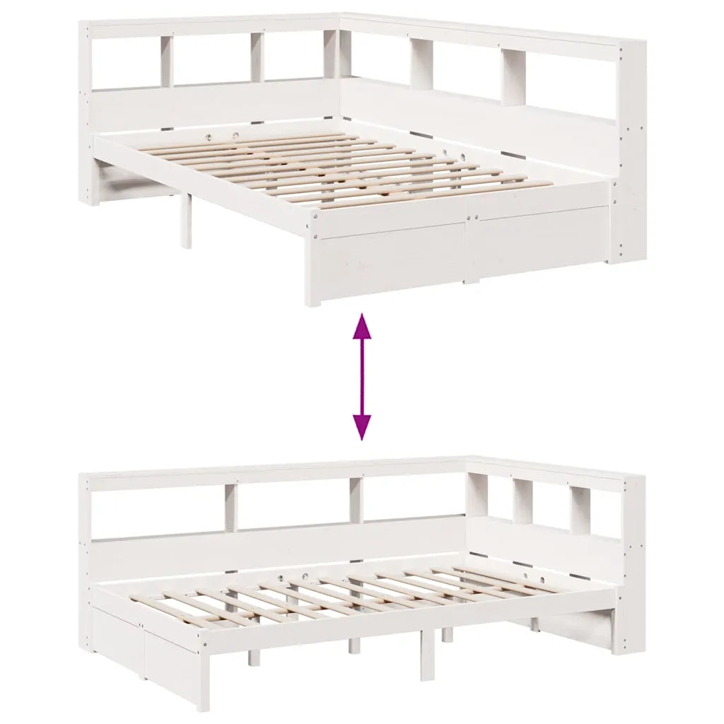 Letto Libreria senza Materasso-Struttura Letto con contenitore Bianco 90x190 cm Massello Pino 686697