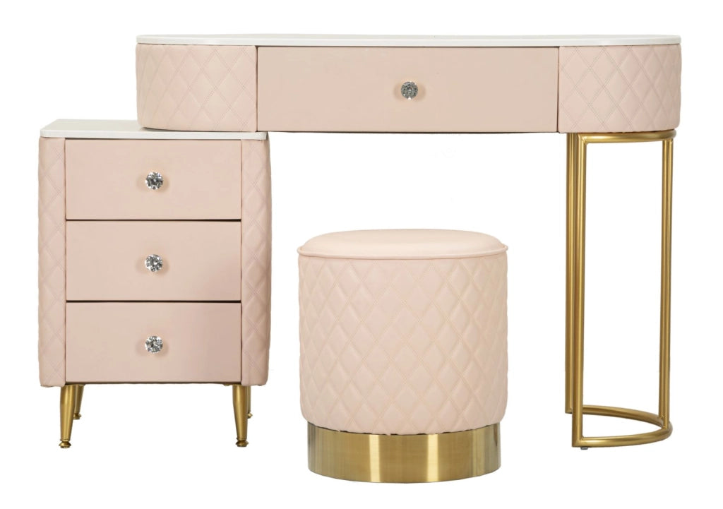 Toeletta Sharon Rosa con Puff 120x40x75 cm in Pino e MDF e Metallo e Plastica