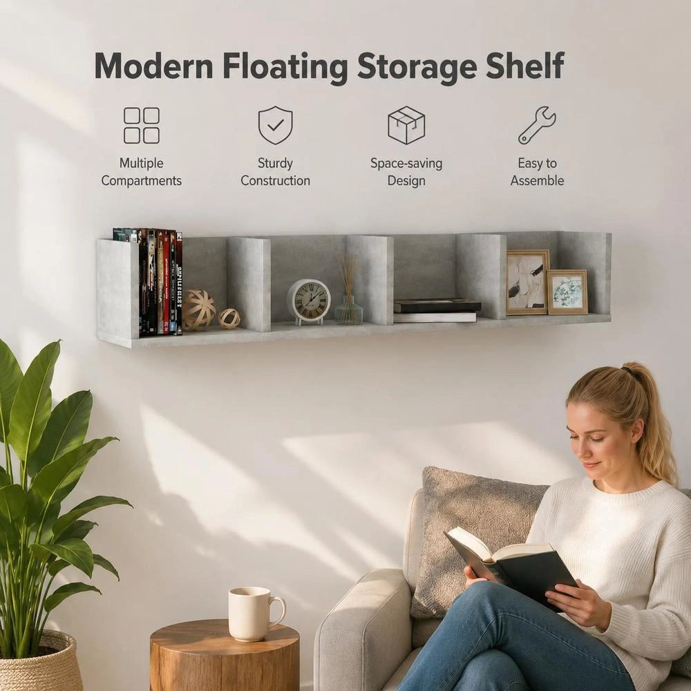 CD Wall Shelf, Concrete Grey, 100x18x18 Cm, Wood-based Material