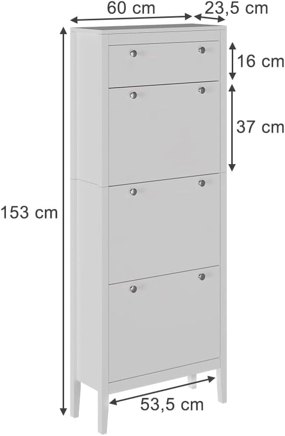 Armadio per scarpe Aron, Bianco, 60 x 153 cm, 3 scomparti, per la conservazione delle scarpe e combinabile con altri moduli