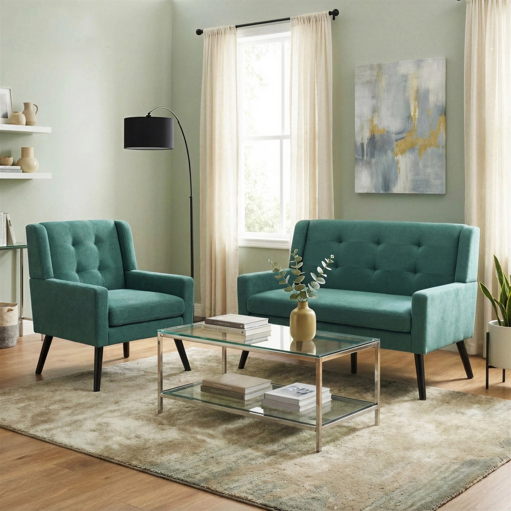 Poltrona Set 2 Pezzi con Schiuma ad Alta Densità, Tessuto Resistente e Gambe in Legno, Verde Retrò