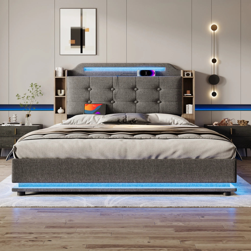 Letti contenitori 140x200 cm con luci LED e vano contenitore; lino; grigio (Senza materasso)