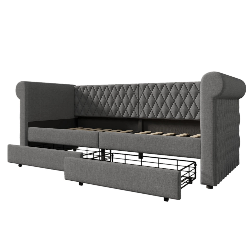 Divano letto daybed 90x200 cm in lino grigio con 2 cassetti; testiera vintage