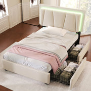 LETTO imbottito 90x200 cm Beige con testiera regolabile, LED e 2 cassetti