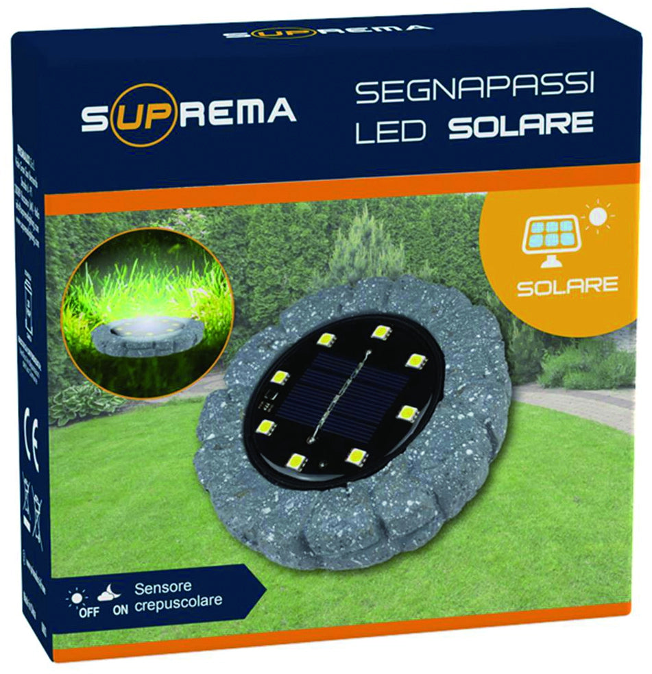 Suprema LUCE SOLARE SEGNAPASSO EFFETTO PIETRA CON SENSORE CREPUSCOLARE, 8 led x 0,5 watt, 10 lumen 12.00 pz